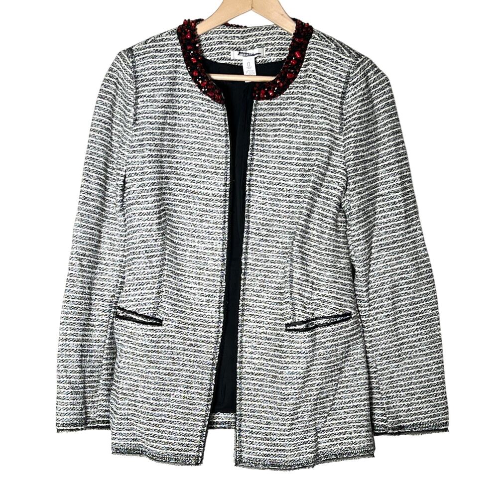 Chico's 0 cream and black stripe with red rhinestones jacket size small S B179